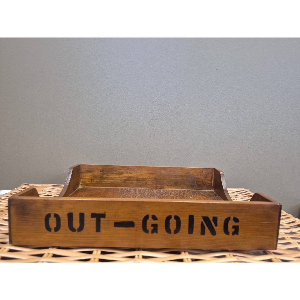 Vintage Wood Out-Going Letter Tray Desk Organizer Rustic Office Stencil Decor